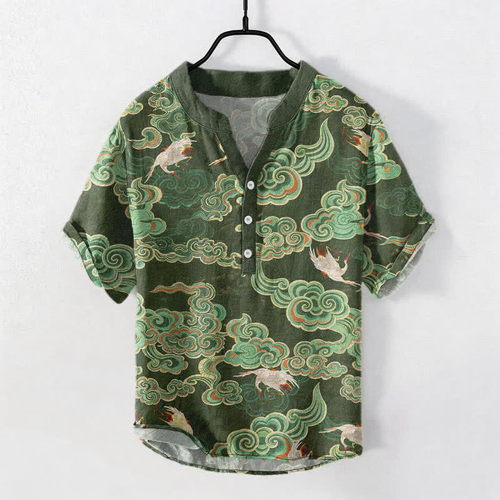 Buddha Stones Cotton Koi Fish Lotus Pattern Men's Short Sleeve Half Button Shirt - DarkOliveGreen - US/UK/AU50，EU60 (5XL) - image 5