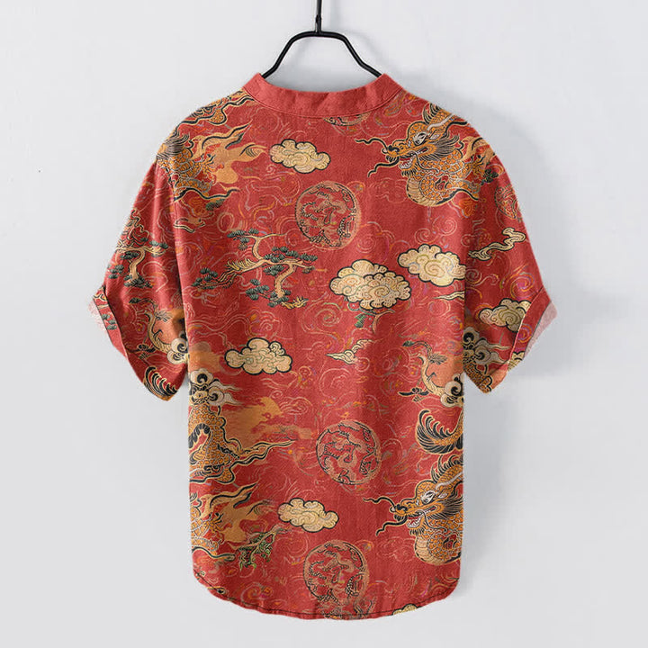 Buddha Stones Cotton Golden Dragon Cloud Pattern Men's Short Sleeve Half Button Shirt - image 1