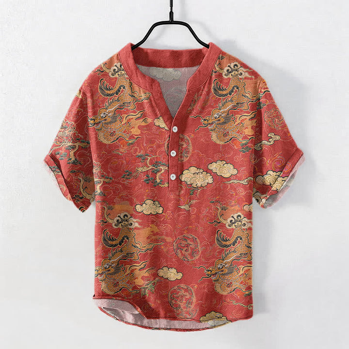 Buddha Stones Cotton Golden Dragon Cloud Pattern Men's Short Sleeve Half Button Shirt - Coral - US/UK/AU50，EU60 (5XL) - image 0