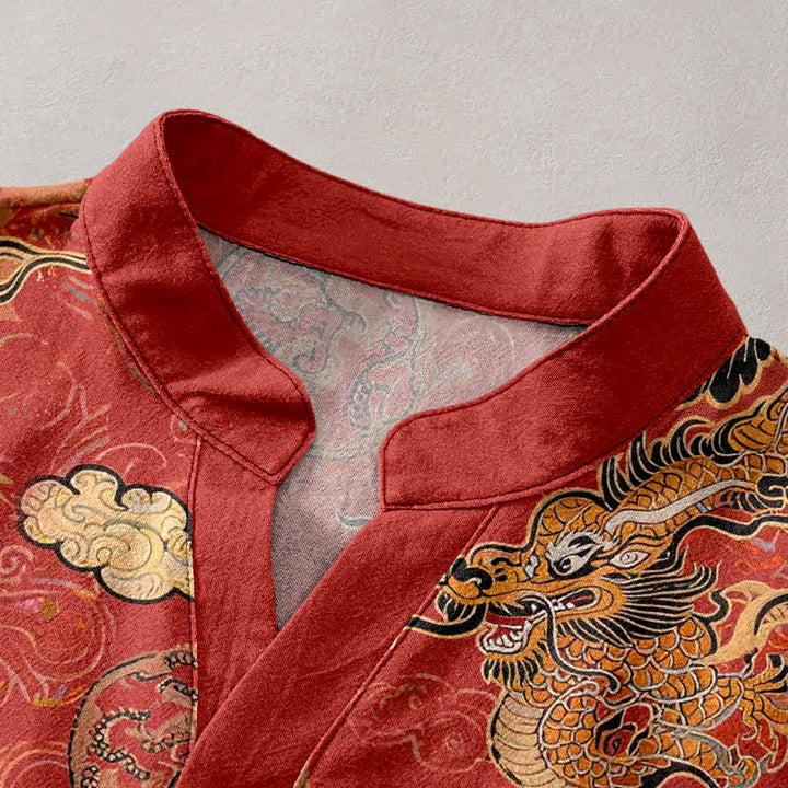 Buddha Stones Cotton Golden Dragon Cloud Pattern Men's Short Sleeve Half Button Shirt - image 2