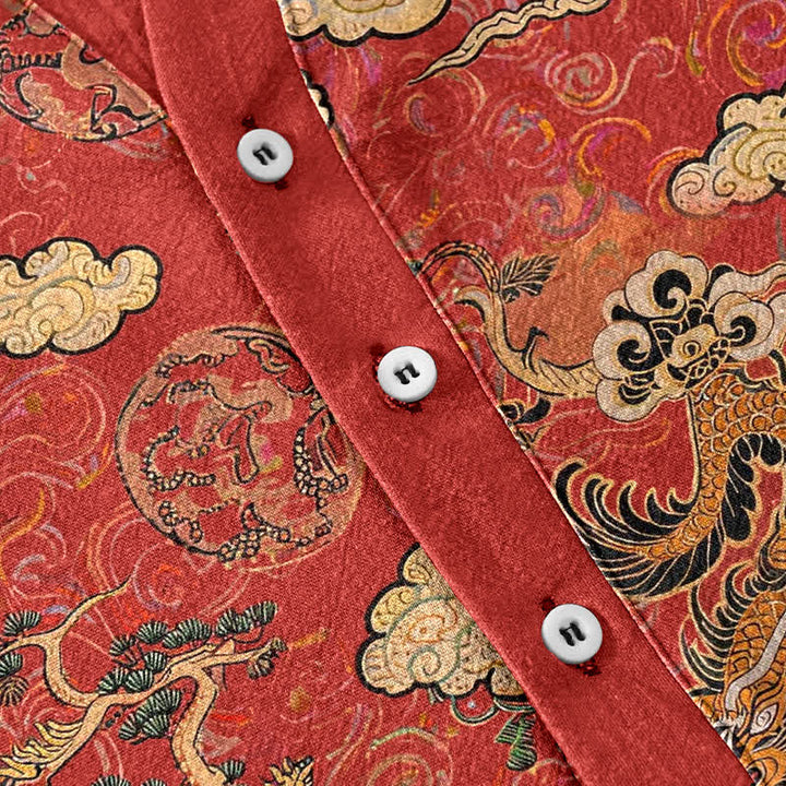 Buddha Stones Cotton Golden Dragon Cloud Pattern Men's Short Sleeve Half Button Shirt - image 3