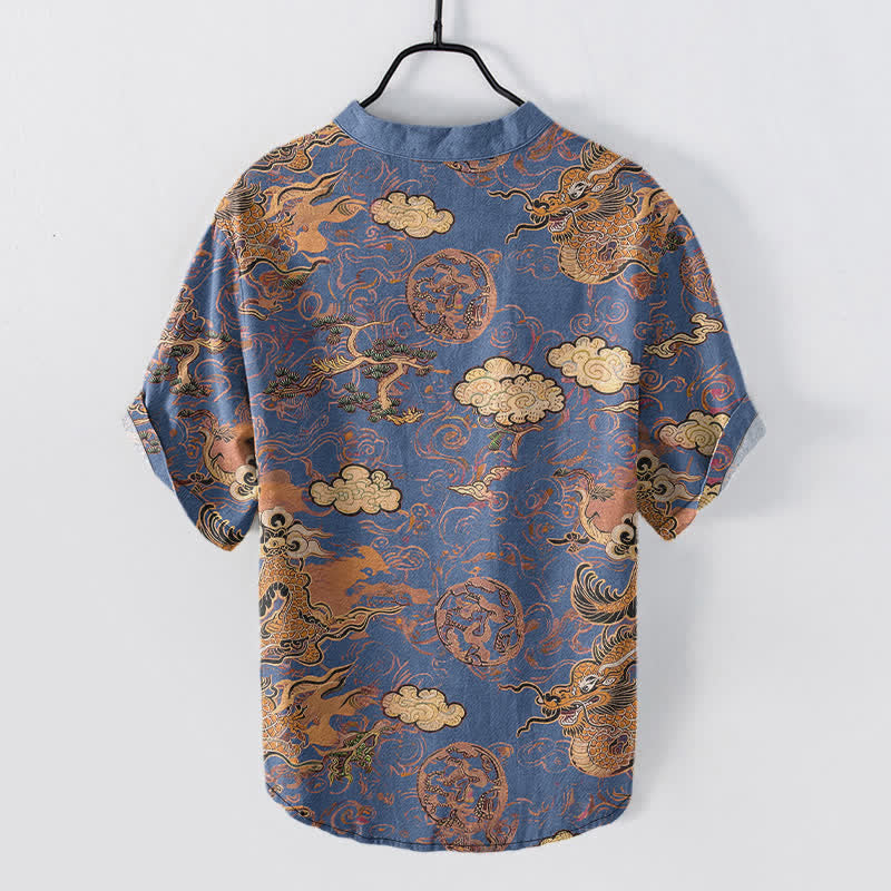 Buddha Stones Cotton Golden Dragon Cloud Pattern Men's Short Sleeve Half Button Shirt - image 8