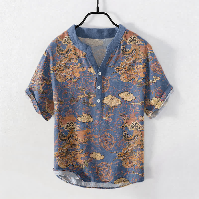 Buddha Stones Cotton Golden Dragon Cloud Pattern Men's Short Sleeve Half Button Shirt - SteelBlue - US/UK/AU50，EU60 (5XL) - image 7