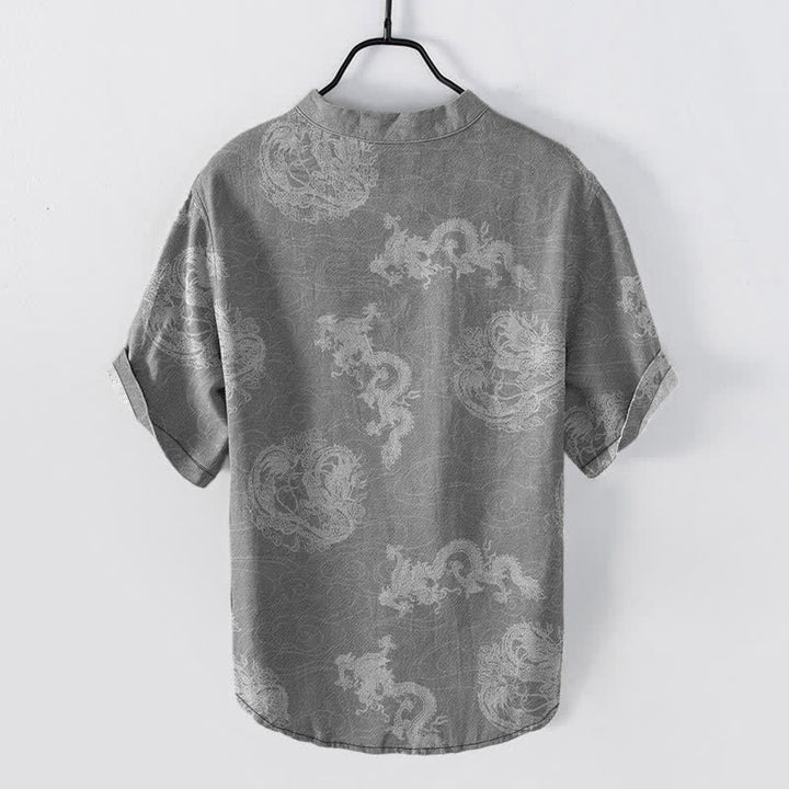 Buddha Stones Cotton Faded Indigo Dragon Pattern Men's Short Sleeve Half Button Shirt - image 6