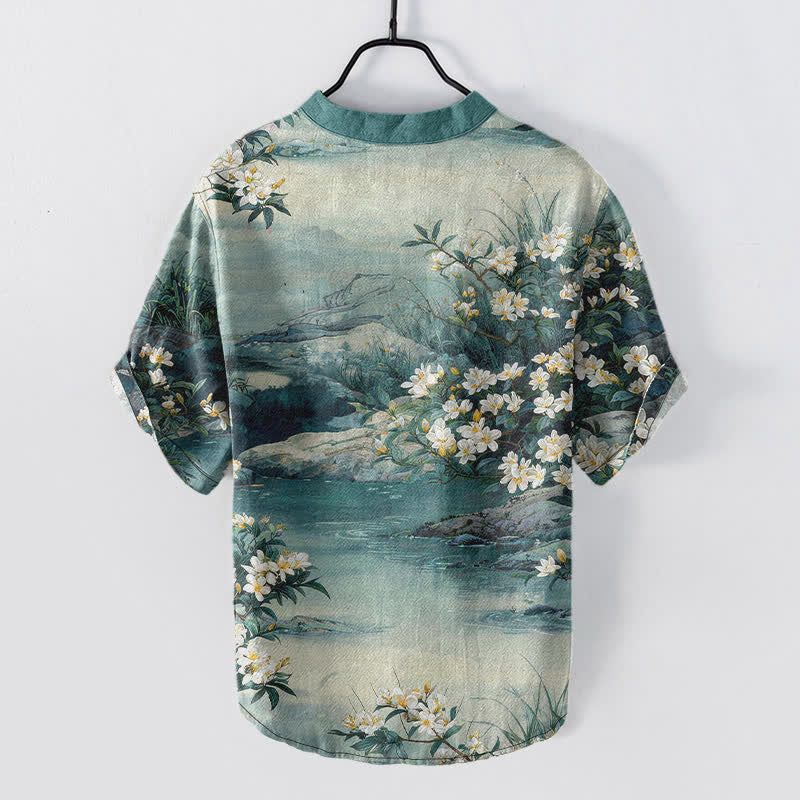 Buddha Stones Cotton Watercolor Floral Landscape Pattern Men's Short Sleeve Half Button Shirt - image 1