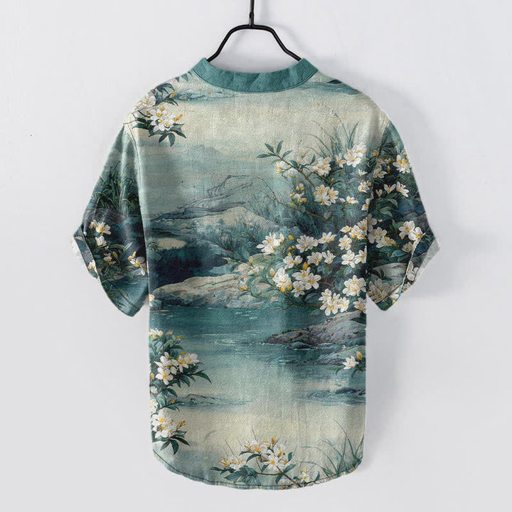Buddha Stones Cotton Watercolor Floral Landscape Pattern Men's Short Sleeve Half Button Shirt - image 1