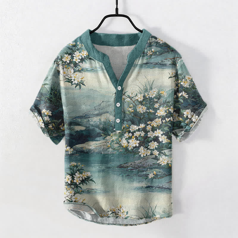 Buddha Stones Cotton Watercolor Floral Landscape Pattern Men's Short Sleeve Half Button Shirt - SeaGreen - US/UK/AU50，EU60 (5XL) - image 0