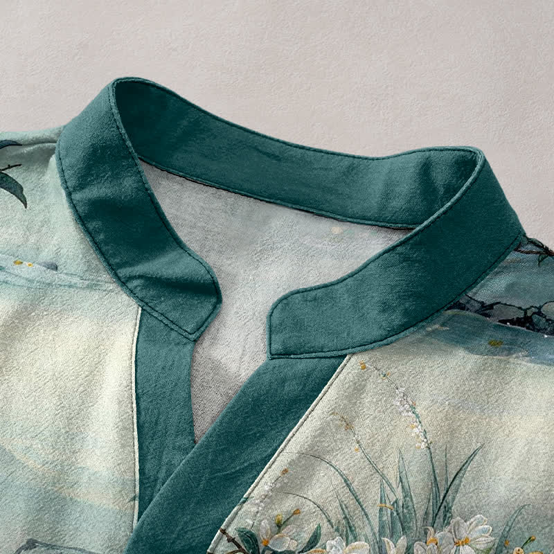 Buddha Stones Cotton Watercolor Floral Landscape Pattern Men's Short Sleeve Half Button Shirt - image 2