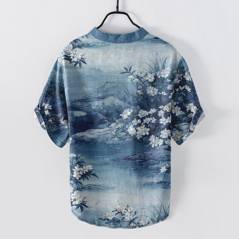 Buddha Stones Cotton Watercolor Floral Landscape Pattern Men's Short Sleeve Half Button Shirt - image 6