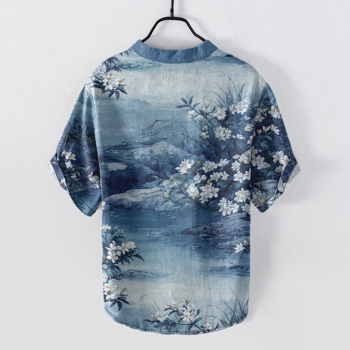Buddha Stones Cotton Watercolor Floral Landscape Pattern Men's Short Sleeve Half Button Shirt - image 6