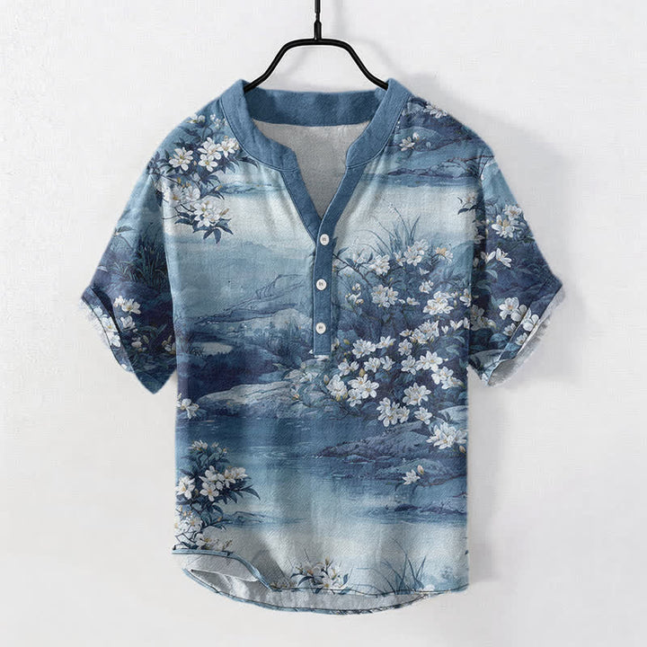 Buddha Stones Cotton Watercolor Floral Landscape Pattern Men's Short Sleeve Half Button Shirt - LightSteelBlue - US/UK/AU50，EU60 (5XL) - image 5