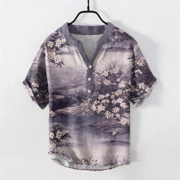Buddha Stones Cotton Watercolor Floral Landscape Pattern Men's Short Sleeve Half Button Shirt - Lavender - US/UK/AU50，EU60 (5XL) - image 7