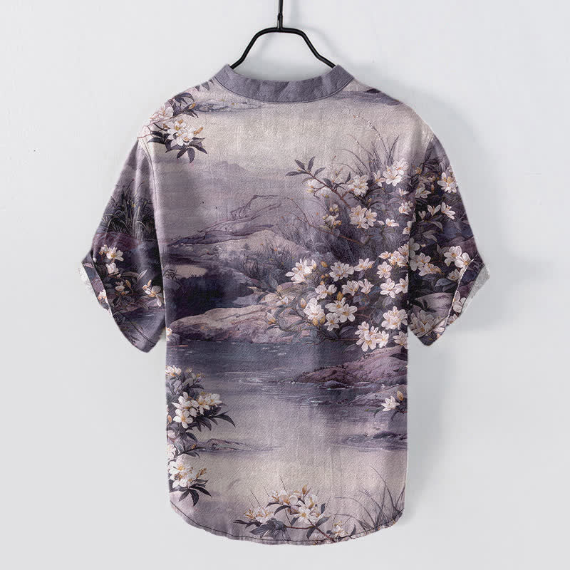 Buddha Stones Cotton Watercolor Floral Landscape Pattern Men's Short Sleeve Half Button Shirt - image 8