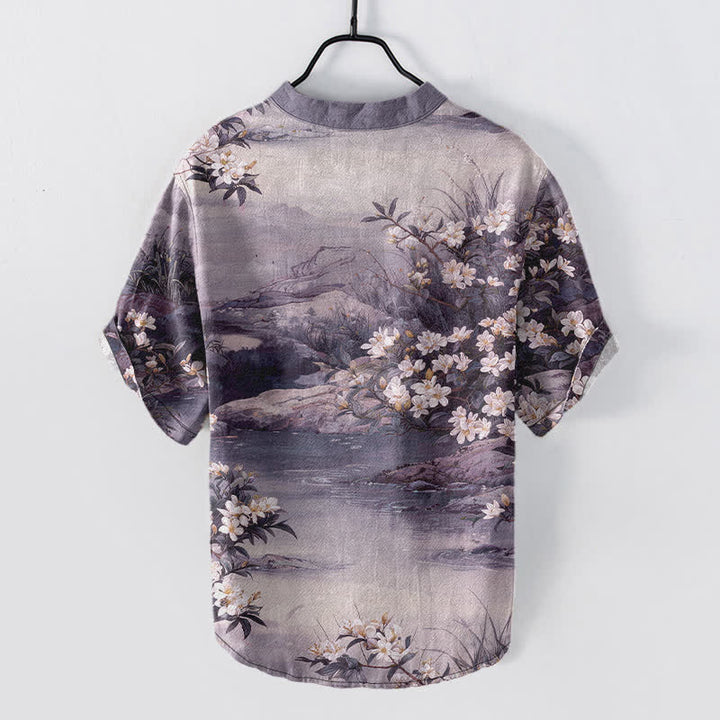 Buddha Stones Cotton Watercolor Floral Landscape Pattern Men's Short Sleeve Half Button Shirt - image 8