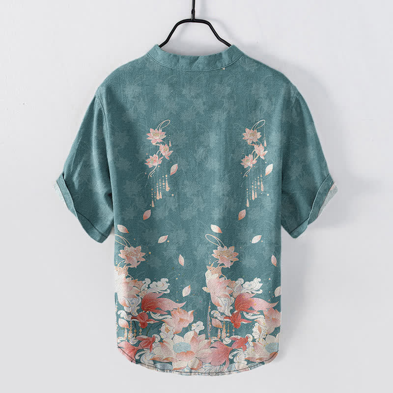 Buddha Stones Cotton Lotus Pattern Men's Short Sleeve Half Button Shirt - image 1