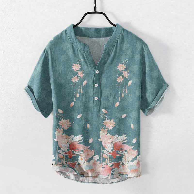 Buddha Stones Cotton Lotus Pattern Men's Short Sleeve Half Button Shirt - Teal - US/UK/AU50，EU60 (5XL) - image 0