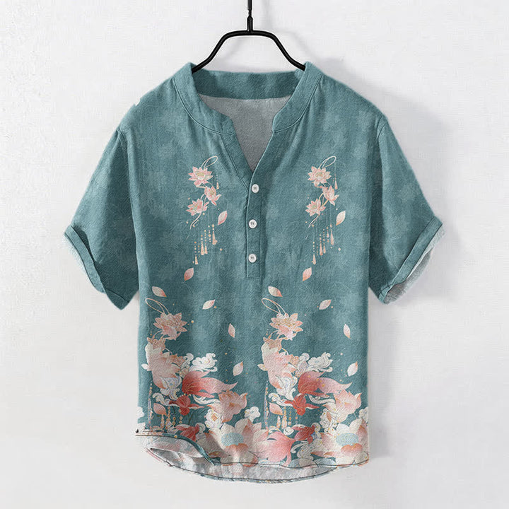 Buddha Stones Cotton Lotus Pattern Men's Short Sleeve Half Button Shirt - Teal - US/UK/AU50，EU60 (5XL) - image 0