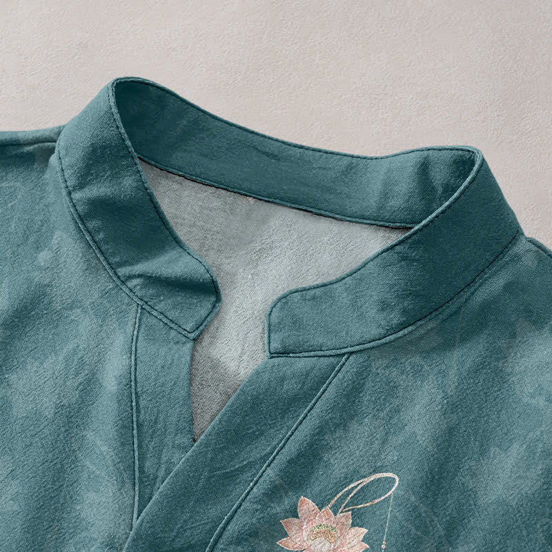 Buddha Stones Cotton Lotus Pattern Men's Short Sleeve Half Button Shirt - image 2