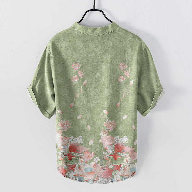 Buddha Stones Cotton Lotus Pattern Men's Short Sleeve Half Button Shirt - image 6