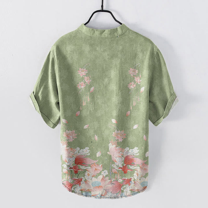 Buddha Stones Cotton Lotus Pattern Men's Short Sleeve Half Button Shirt - image 6