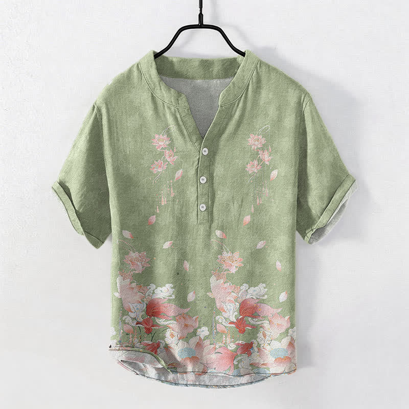 Buddha Stones Cotton Lotus Pattern Men's Short Sleeve Half Button Shirt - LightGreen - US/UK/AU50，EU60 (5XL) - image 5