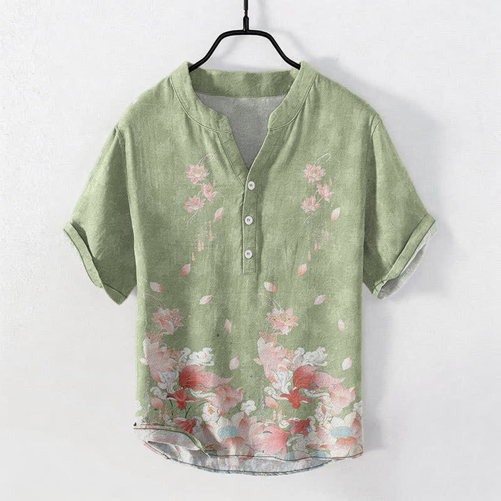 Buddha Stones Cotton Lotus Pattern Men's Short Sleeve Half Button Shirt - LightGreen - US/UK/AU50，EU60 (5XL) - image 5
