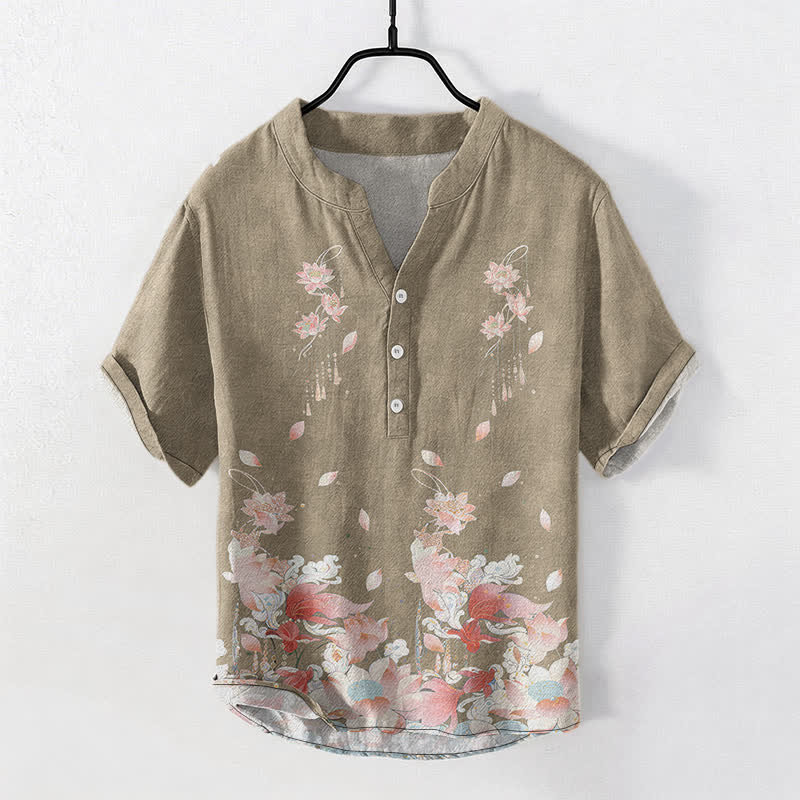 Buddha Stones Cotton Lotus Pattern Men's Short Sleeve Half Button Shirt - Tan - US/UK/AU50，EU60 (5XL) - image 7