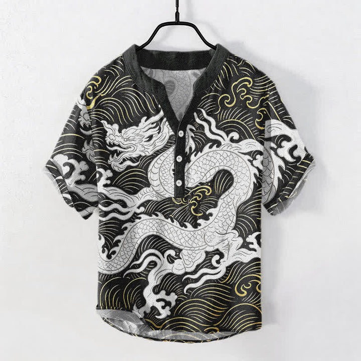 Buddha Stones Cotton White Dragon Wave Pattern Men's Short Sleeve Half Button Shirt - Black - US/UK/AU50，EU60 (5XL) - image 0
