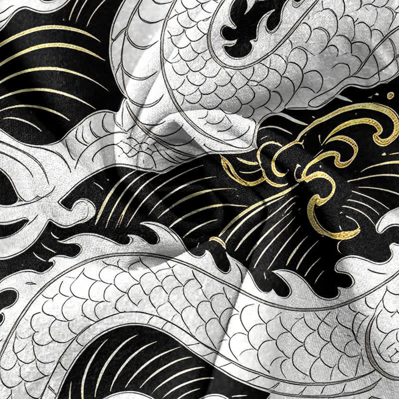 Buddha Stones Cotton White Dragon Wave Pattern Men's Short Sleeve Half Button Shirt - image 4