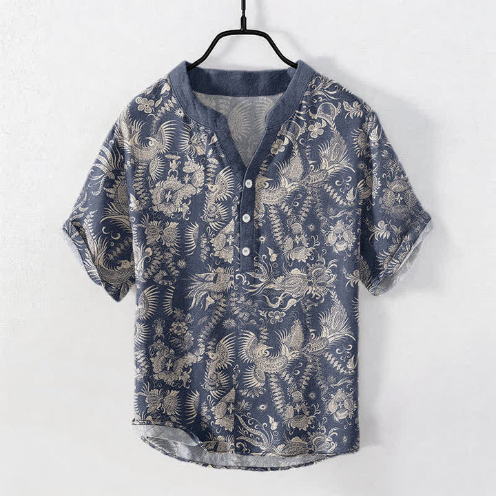Buddha Stones Cotton Botanical Floral Pattern Men's Short Sleeve Half Button Shirt - SteelBlue - US/UK/AU50，EU60 (5XL) - image 0