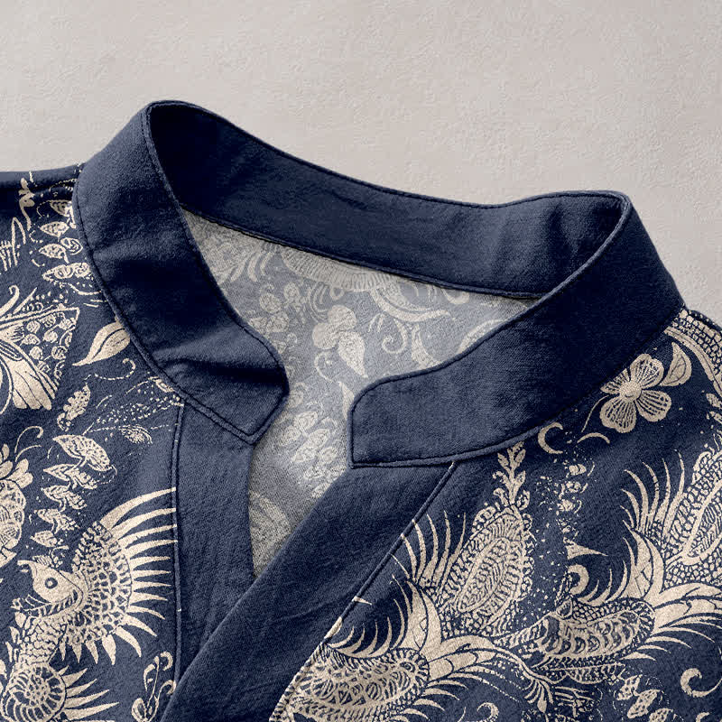 Buddha Stones Cotton Botanical Floral Pattern Men's Short Sleeve Half Button Shirt - image 2