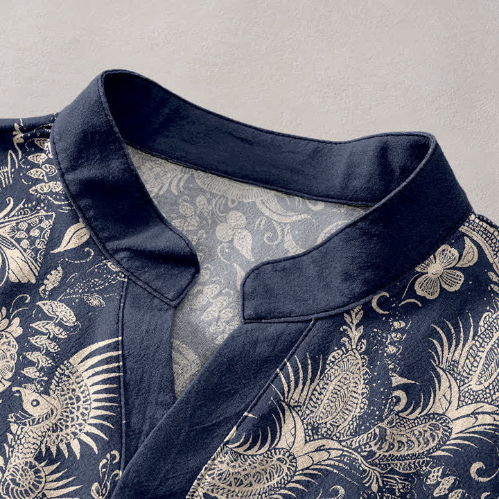 Buddha Stones Cotton Botanical Floral Pattern Men's Short Sleeve Half Button Shirt - image 2
