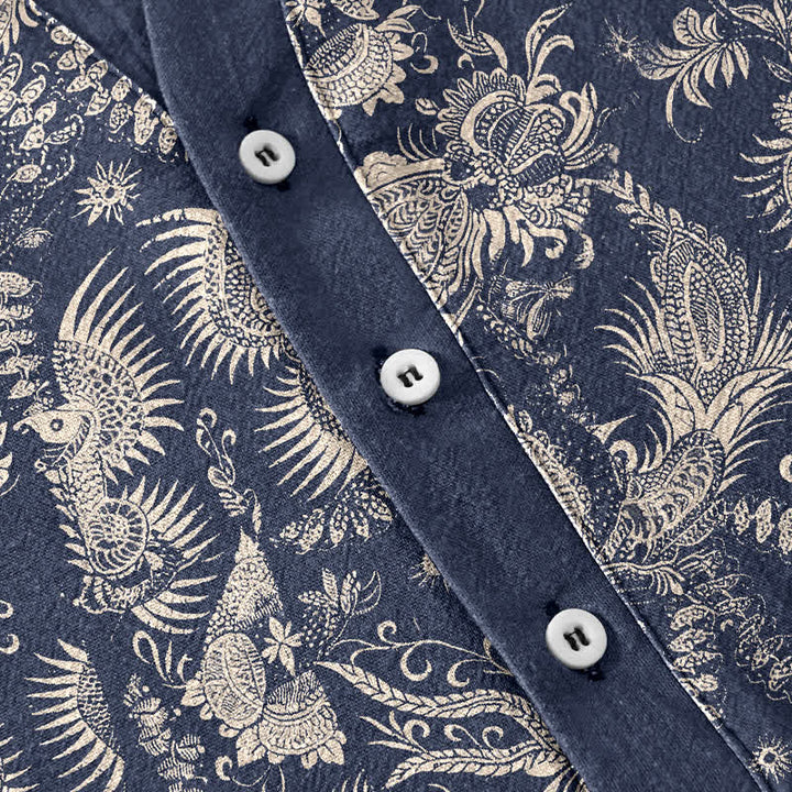 Buddha Stones Cotton Botanical Floral Pattern Men's Short Sleeve Half Button Shirt - image 3