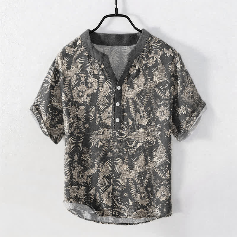 Buddha Stones Cotton Botanical Floral Pattern Men's Short Sleeve Half Button Shirt - SlateGray - US/UK/AU50，EU60 (5XL) - image 5