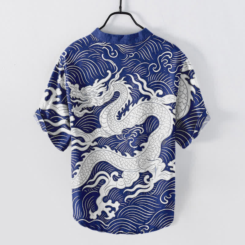 Buddha Stones Cotton White Dragon Wave Pattern Men's Short Sleeve Half Button Shirt - image 8
