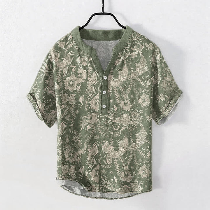 Buddha Stones Cotton Botanical Floral Pattern Men's Short Sleeve Half Button Shirt - DarkOliveGreen - US/UK/AU50，EU60 (5XL) - image 7