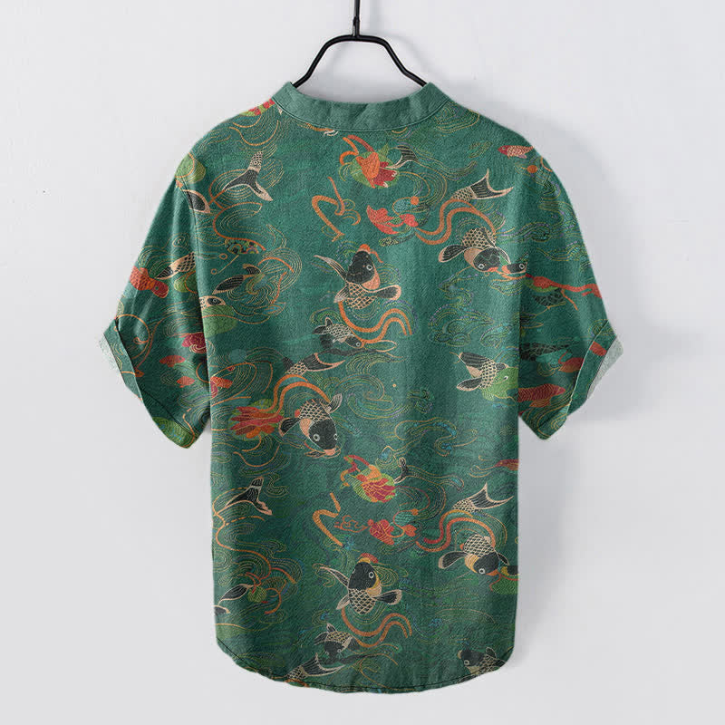 Buddha Stones Cotton Koi Fish Lotus Pattern Men's Short Sleeve Half Button Shirt - image 1