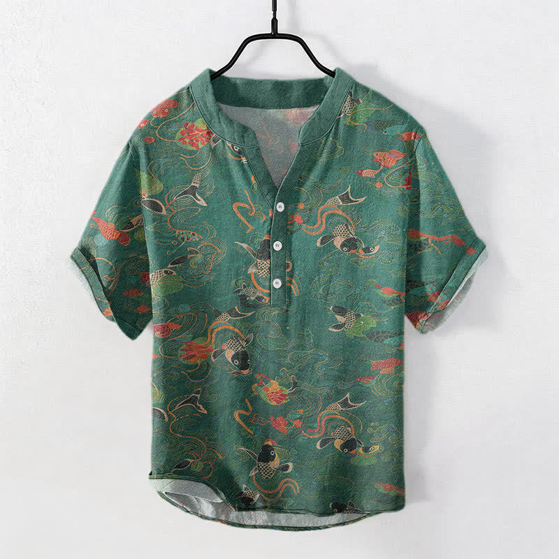 Buddha Stones Cotton Koi Fish Lotus Pattern Men's Short Sleeve Half Button Shirt - SeaGreen - US/UK/AU50，EU60 (5XL) - image 0