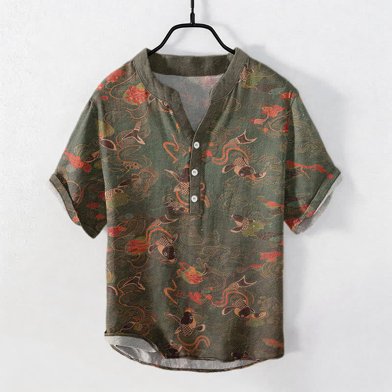 Buddha Stones Cotton Koi Fish Lotus Pattern Men's Short Sleeve Half Button Shirt - DarkOliveGreen - US/UK/AU50，EU60 (5XL) - image 5