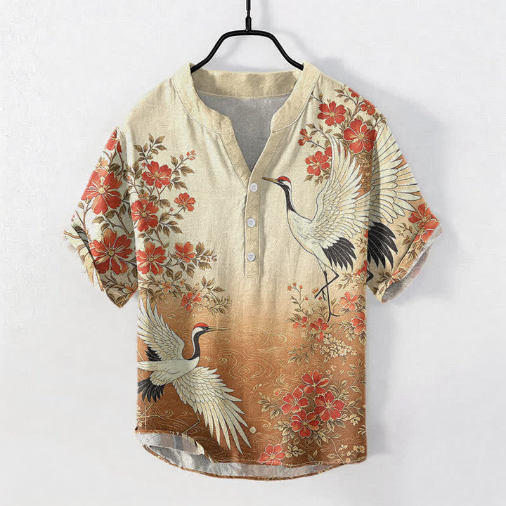 Buddha Stones Cotton Oriental Crane Floral Wave Pattern Men's Short Sleeve Half Button Shirt - Peru - US/UK/AU50，EU60 (5XL) - image 3