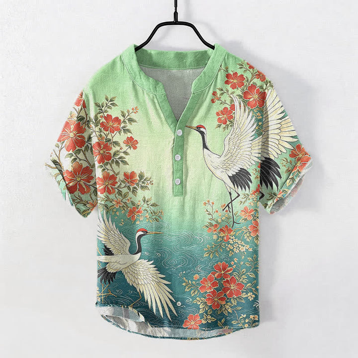 Buddha Stones Cotton Oriental Crane Floral Wave Pattern Men's Short Sleeve Half Button Shirt - LightSeaGreen - US/UK/AU50，EU60 (5XL) - image 5