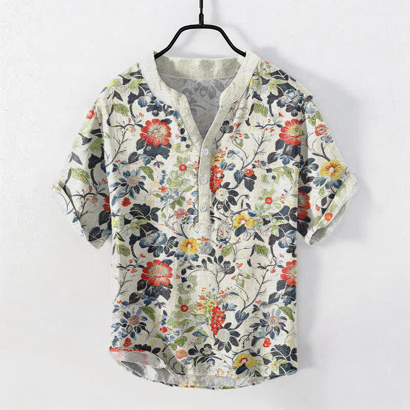 Buddha Stones Cotton Vintage Garden Floral Pattern Men's Short Sleeve Half Button Shirt - Ivory - US/UK/AU50，EU60 (5XL) - image 0