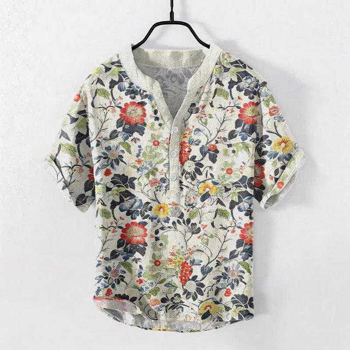 Buddha Stones Cotton Vintage Garden Floral Pattern Men's Short Sleeve Half Button Shirt - Ivory - US/UK/AU50，EU60 (5XL) - image 0