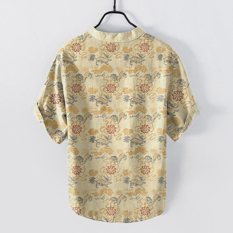 Buddha Stones Cotton Oriental Floral Cloud Wave Pattern Men's Short Sleeve Half Button Shirt - image 1
