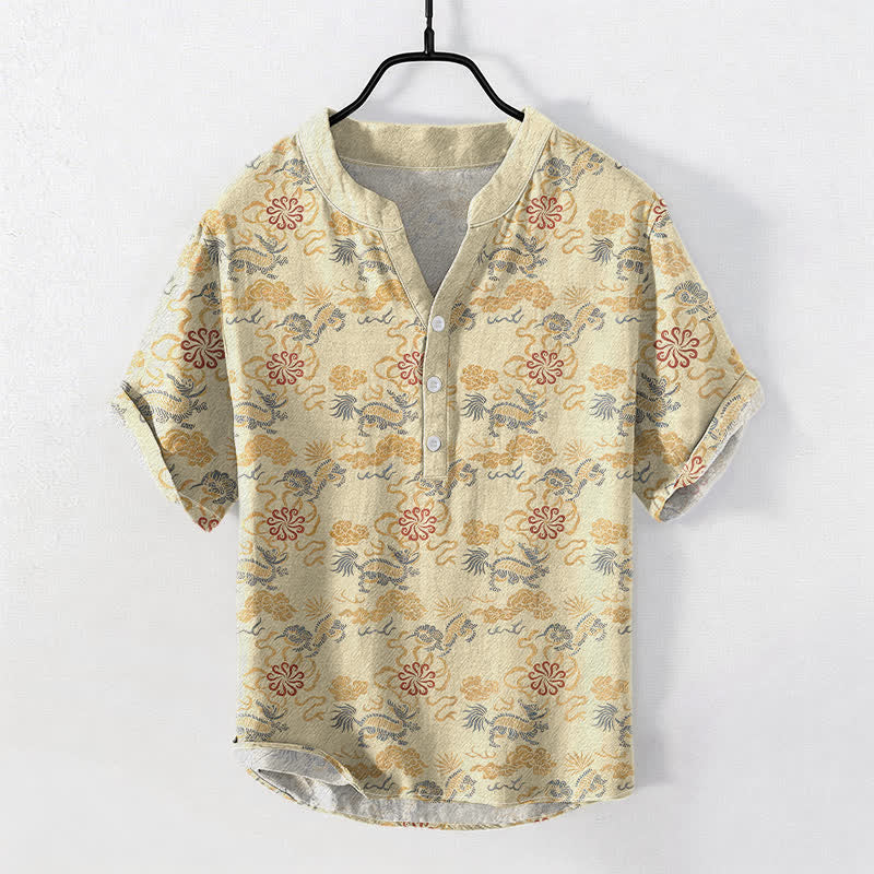 Buddha Stones Cotton Oriental Floral Cloud Wave Pattern Men's Short Sleeve Half Button Shirt - Beige - US/UK/AU50，EU60 (5XL) - image 0