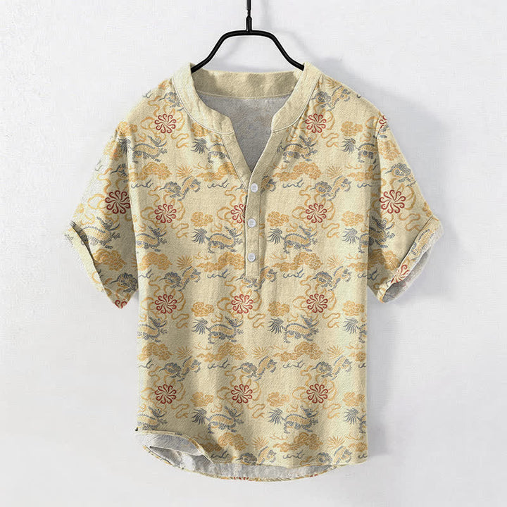 Buddha Stones Cotton Oriental Floral Cloud Wave Pattern Men's Short Sleeve Half Button Shirt - Beige - US/UK/AU50，EU60 (5XL) - image 0