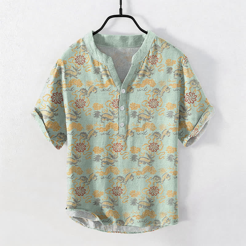Buddha Stones Cotton Oriental Floral Cloud Wave Pattern Men's Short Sleeve Half Button Shirt - MintCream - US/UK/AU50，EU60 (5XL) - image 5