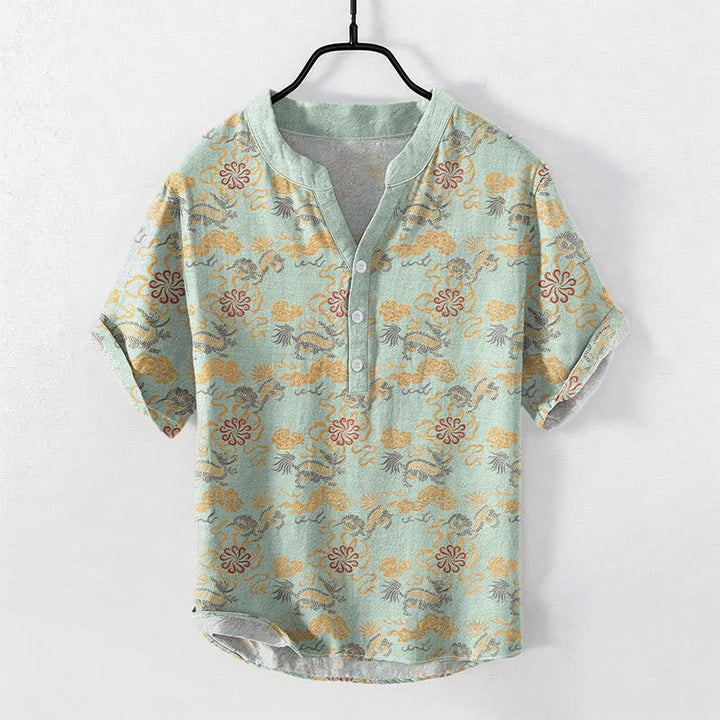 Buddha Stones Cotton Oriental Floral Cloud Wave Pattern Men's Short Sleeve Half Button Shirt - MintCream - US/UK/AU50，EU60 (5XL) - image 5