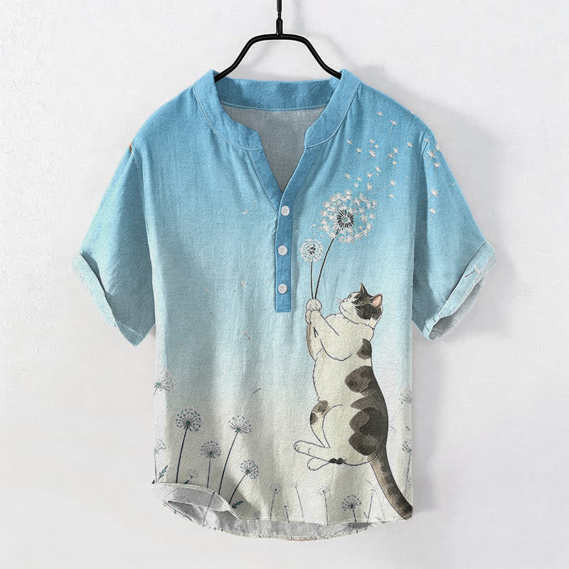 Buddha Stones Cotton Hand Drawn Cat Dandelion Pattern Men's Short Sleeve Half Button Shirt - SkyBlue - US/UK/AU50，EU60 (5XL) - image 3