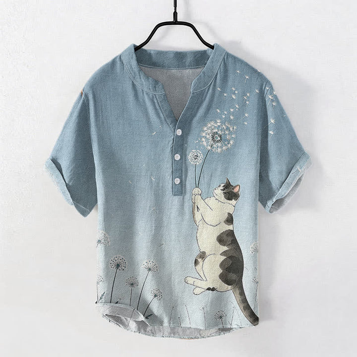 Buddha Stones Cotton Hand Drawn Cat Dandelion Pattern Men's Short Sleeve Half Button Shirt - LightSteelBlue - US/UK/AU50，EU60 (5XL) - image 5